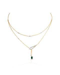 Layered Diamond Chain Necklace with Emerald Pendant Accent