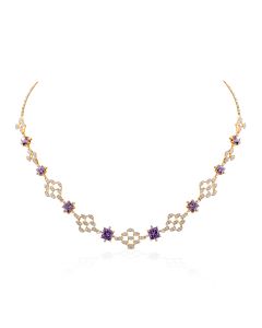 Diamond Necklace with Floral Motifs and Purple Gem Accents