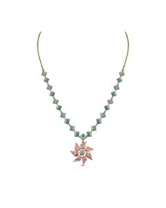 Geometric Diamond Necklace with Pink Enamel Flower