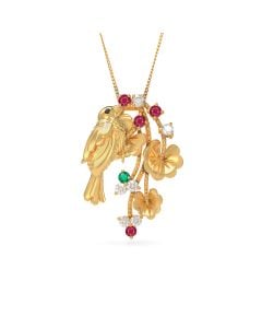 Enchanting Bird and Flower Pendant with Ruby Details