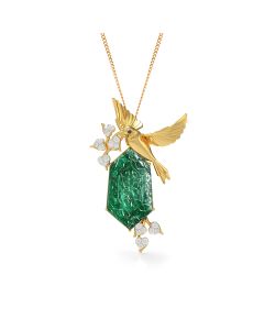 Green Gem Bird Pendant with Diamond Accents