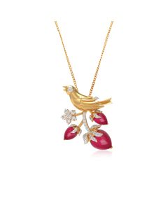 Gold Bird Pendant with Red Gemstone Accents