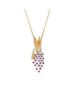 Gold and Ruby Bird Pendant with Diamond Droplets