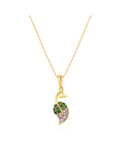 Leaf design pendant with green stones and diamond accents