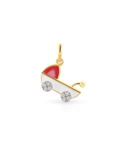 Baby Stroller Gold Pendant with Pink and White Enamel