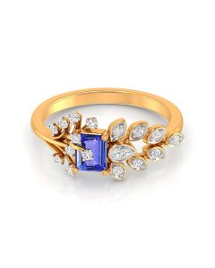 Blue Gemstone Ring with Leaf-Inspired Diamond Setting