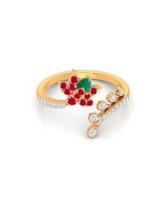 Ruby and Diamond Leaf Ring with Gold Detailing