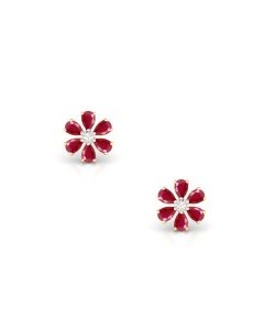 Red Petal Floral Studs With Central Diamond Accent
