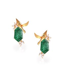 Green Gem Bird Studs with Diamond Details