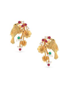 Bird and Flower Studs with Ruby and Green Beads