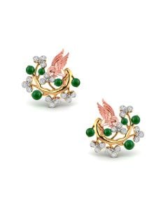 Green Bead Bird Studs with Diamond Accents