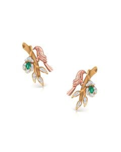 Bird and Leaf Studs with Diamond and Emerald Detailing