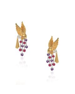 Bird and Ruby Droplet Studs with Diamond Embellishments