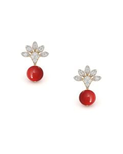 Red Coral and Diamond Flower Studs in Gold