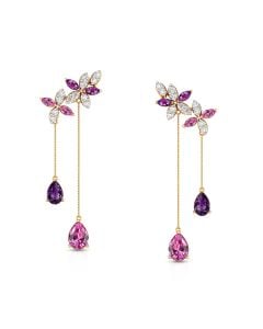 Long Dangling Earrings with Pink Gemstone Embellishments