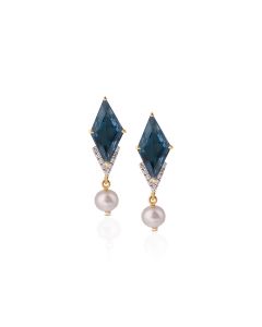 Diamond Earrings with Blue Gemstones and Classic Pearl Drop