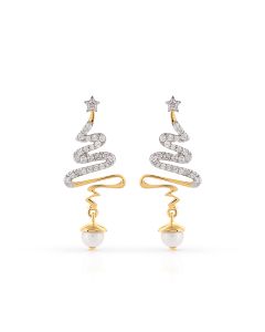 Spiral Christmas Tree Earrings with Diamond Star and Pearl Drop